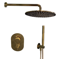Душовий набір Maier: змішувач з термостатом Disk, верхній душ 300 мм, ручний душ Mini Star, золото - Теплоцентр