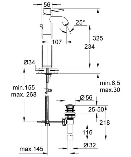 Змішувач для умивальника Grohe BauClassic XL-Size (32868000) - Теплоцентр